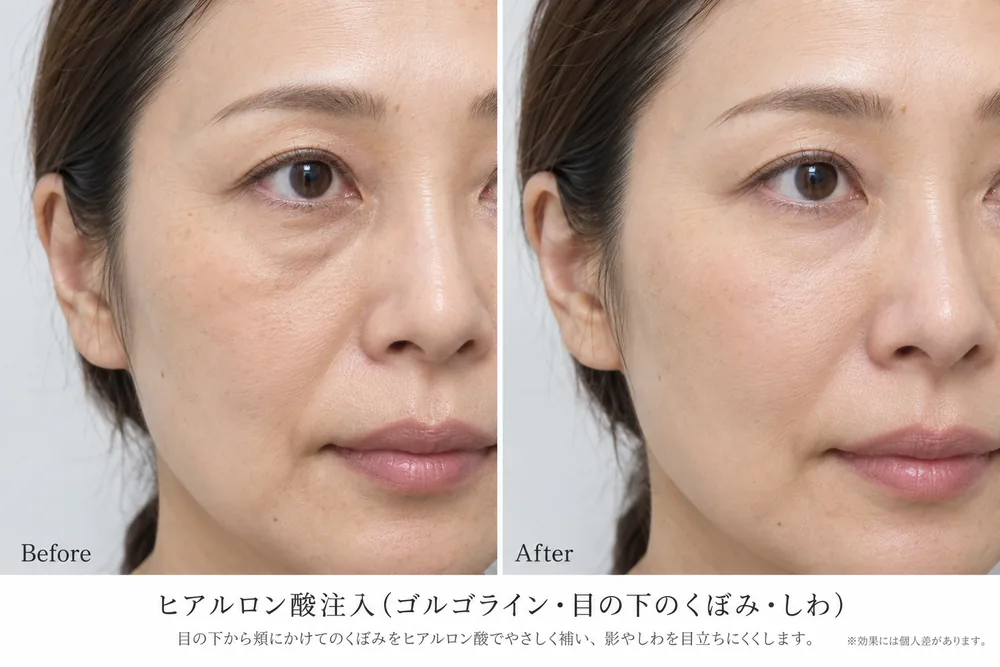 ヒアルロン酸注入の症例写真(ゴルゴライン・目の下のくぼみ・しわ)|ヒロクリニック美容皮膚科