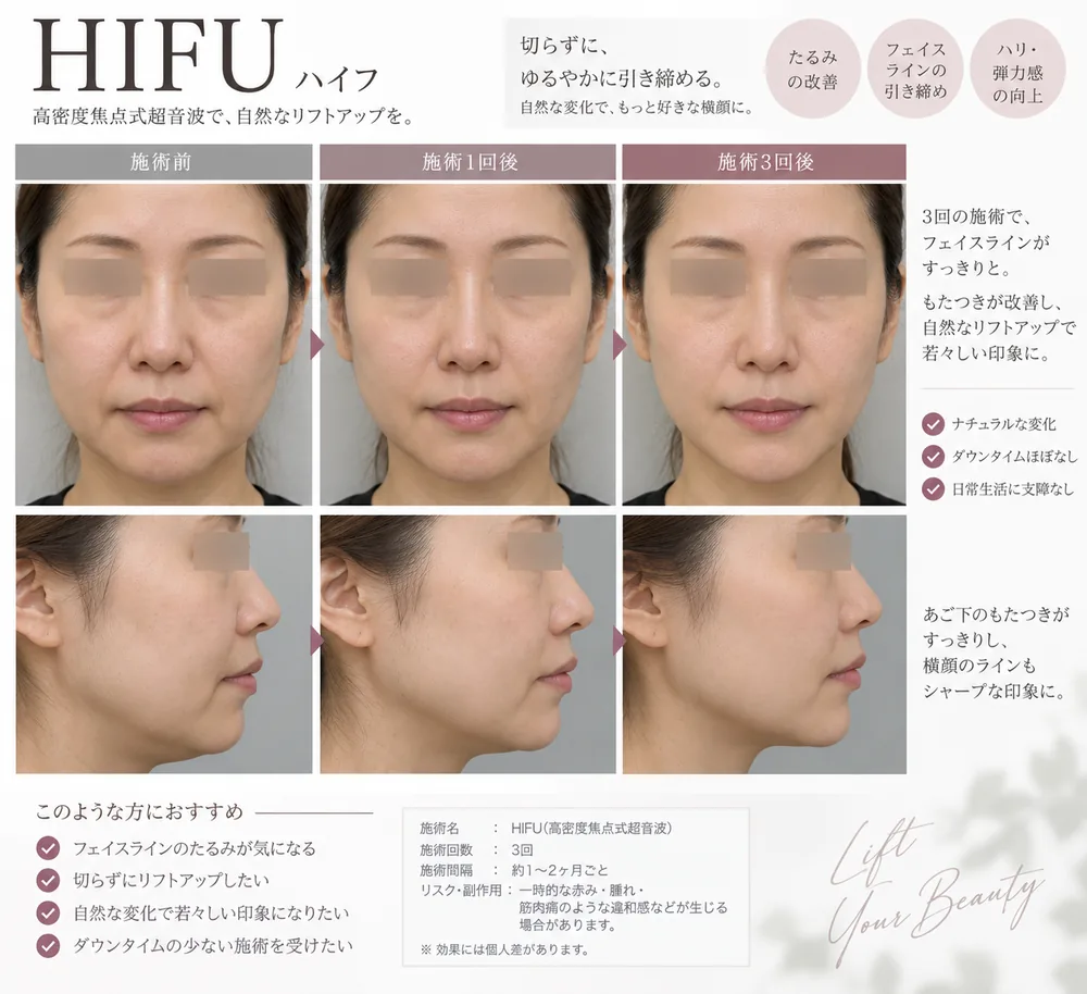 ハイフ(HIFU)の症例写真(たるみ(1回・3回施術後))|ヒロクリニック美容皮膚科