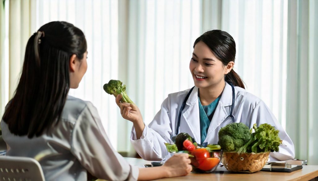 野菜を前に説明する栄養士