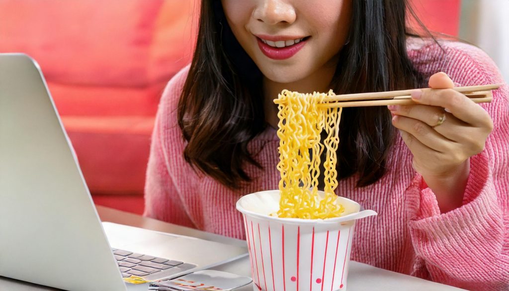 パソコンを見ながらラーメンを食べる女性