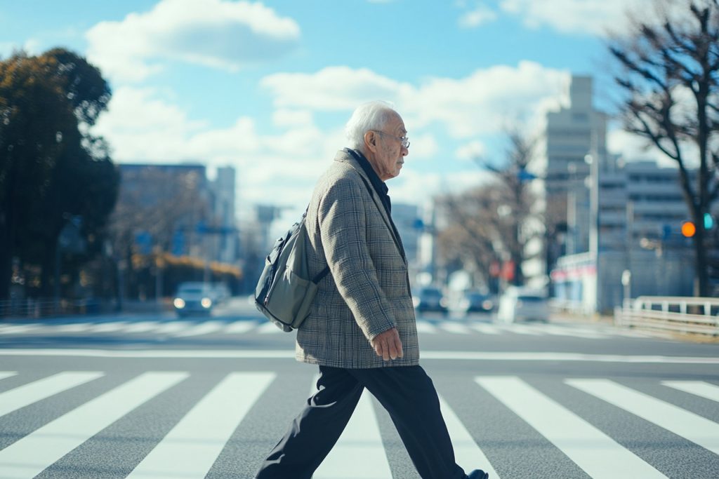 道路を横断する高齢男性