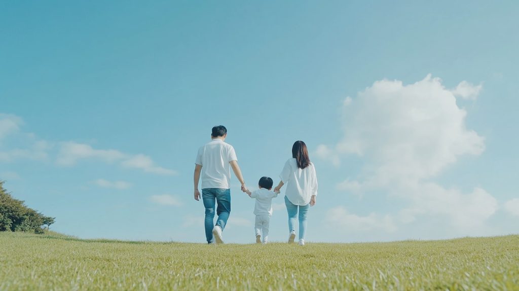 青空の下の家族の絆(フォミリー後ろ姿)