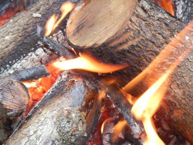 白く積もった灰の中から噴き出す激しい炎により、薪の山が焦げ始めている様子。火災の初期段階を象徴的に表現した画像で、火傷事故の危険性や引火の瞬間を視覚的に示唆。